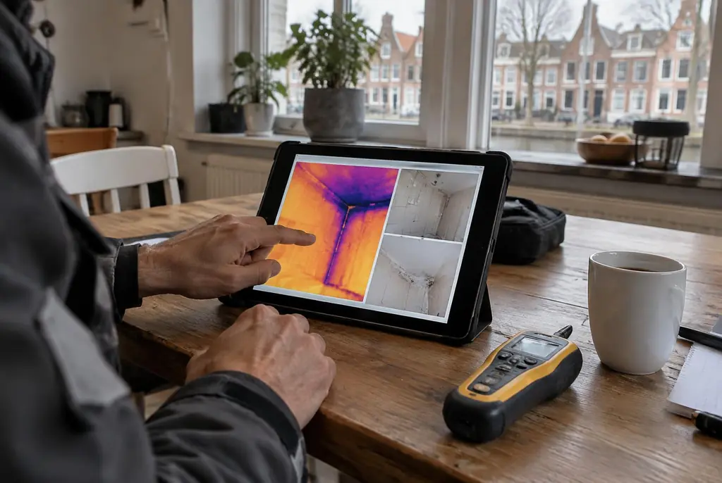 Lekdetectie Moordrecht – lekdetectierapport met warmtebeelden en foto's op een tablet