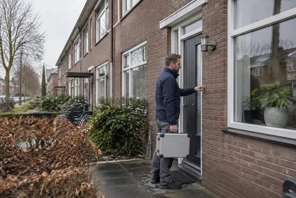 Lekdetectiespecialist met meetkoffer bij de voordeur van een woning in Moordrecht